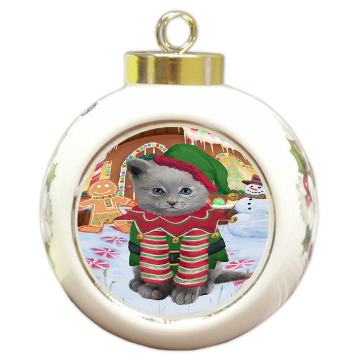 Christmas Gingerbread House Candyfest Russian Blue Cat Round Ball Christmas Ornament RBPOR56876