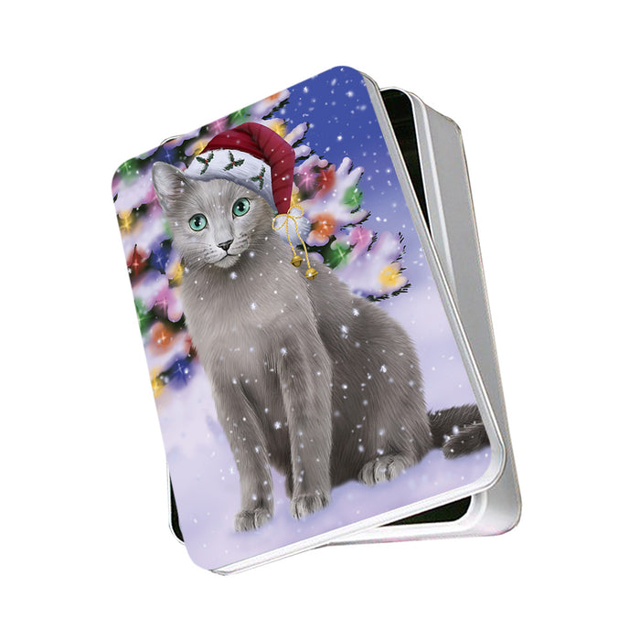 Winterland Wonderland Russian Blue Cat In Christmas Holiday Scenic Background Photo Storage Tin PITN53718