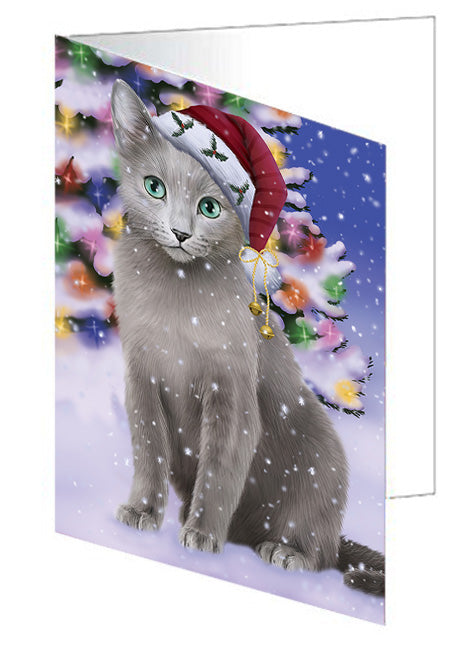 Winterland Wonderland Russian Blue Cat In Christmas Holiday Scenic Background Handmade Artwork Assorted Pets Greeting Cards and Note Cards with Envelopes for All Occasions and Holiday Seasons GCD65354