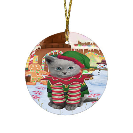 Christmas Gingerbread House Candyfest Russian Blue Cat Round Flat Christmas Ornament RFPOR56876