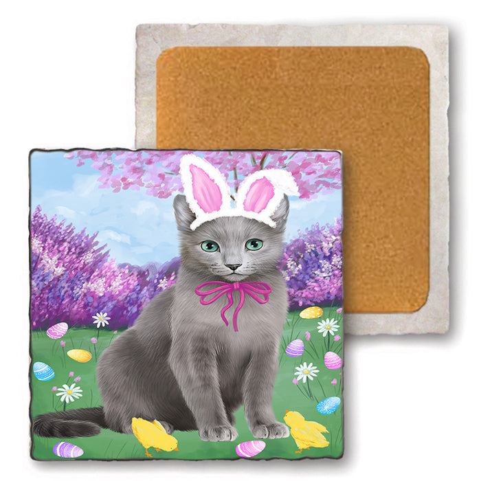 Easter Holiday Russian Blue Cat Set of 4 Natural Stone Marble Tile Coasters MCST51930