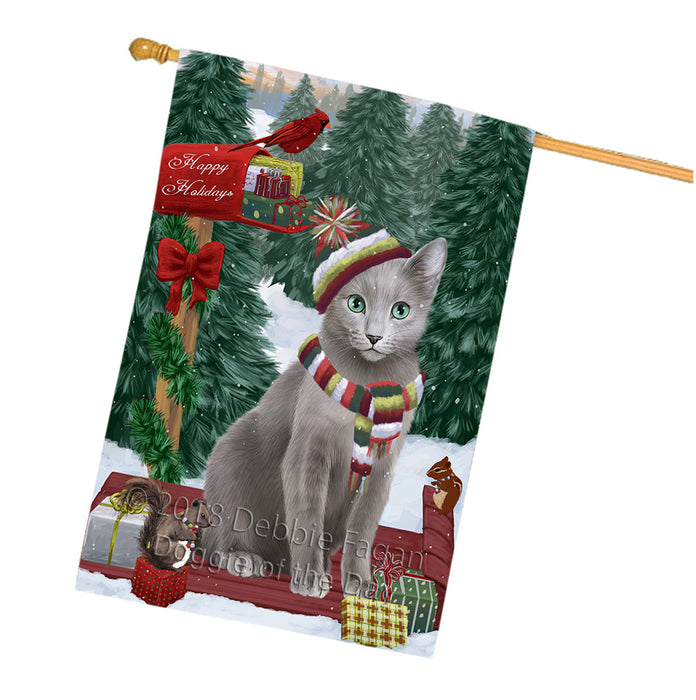 Merry Christmas Woodland Sled Russian Blue Cat House Flag FLG55443