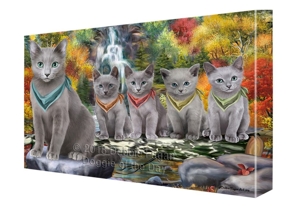 Scenic Waterfall Russian Blue Cats Canvas Print Wall Art Décor CVS84761