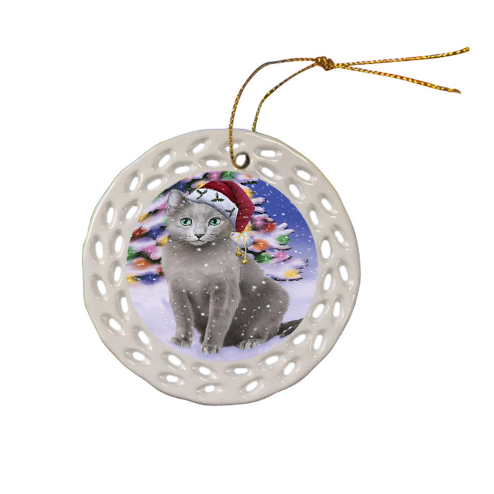Winterland Wonderland Russian Blue Cat In Christmas Holiday Scenic Background Ceramic Doily Ornament DPOR53775