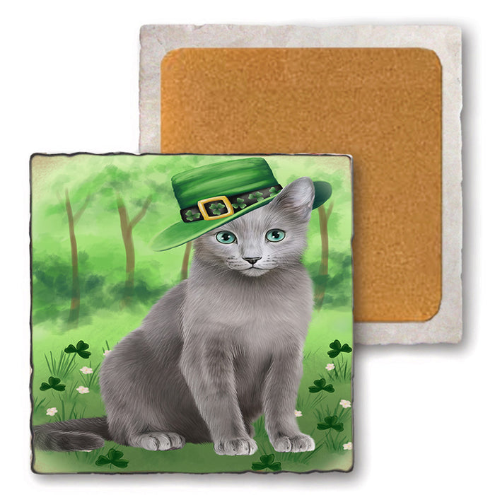St. Patricks Day Irish Portrait Russian Blue Cat Set of 4 Natural Stone Marble Tile Coasters MCST52034