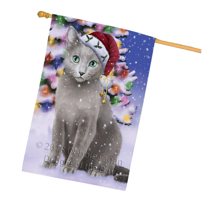 Winterland Wonderland Russian Blue Cat In Christmas Holiday Scenic Background House Flag FLG53973
