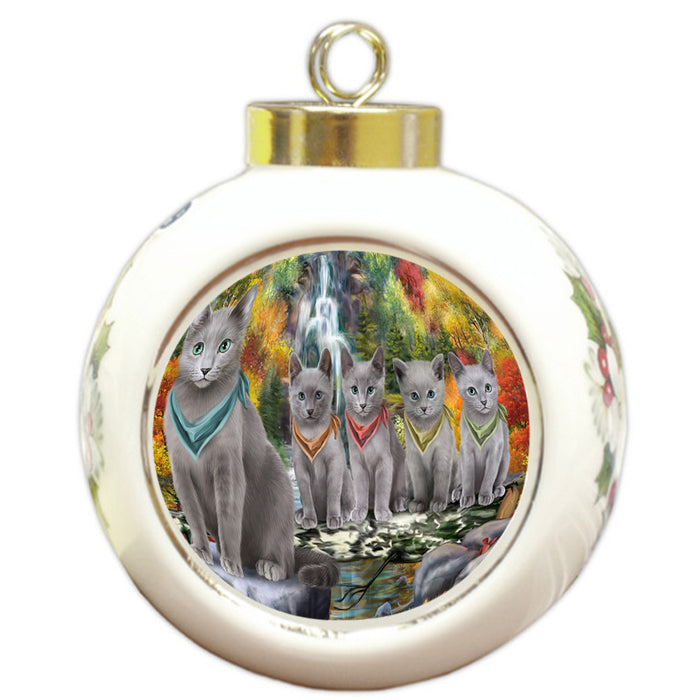 Scenic Waterfall Russian Blue Cats Round Ball Christmas Ornament RBPOR51944