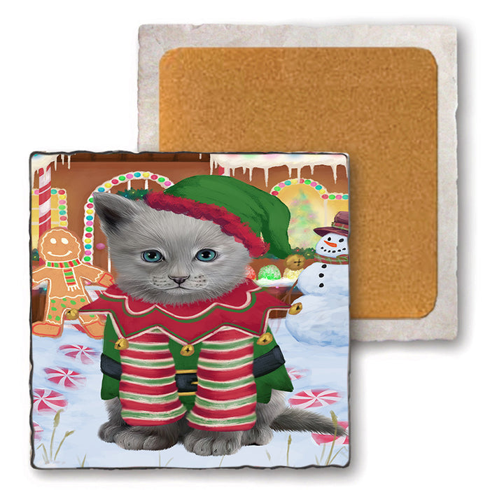 Christmas Gingerbread House Candyfest Russian Blue Cat Set of 4 Natural Stone Marble Tile Coasters MCST51520
