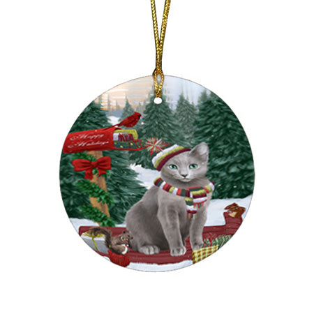 Merry Christmas Woodland Sled Russian Blue Cat Round Flat Christmas Ornament RFPOR55370