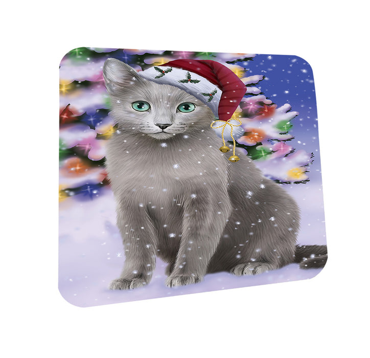 Winterland Wonderland Russian Blue Cat In Christmas Holiday Scenic Background Coasters Set of 4 CST53733