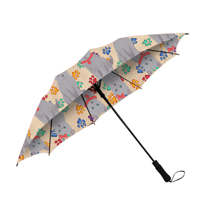Rainbow Paw Print Russian Cats Blue Semi-Automatic Foldable Umbrella