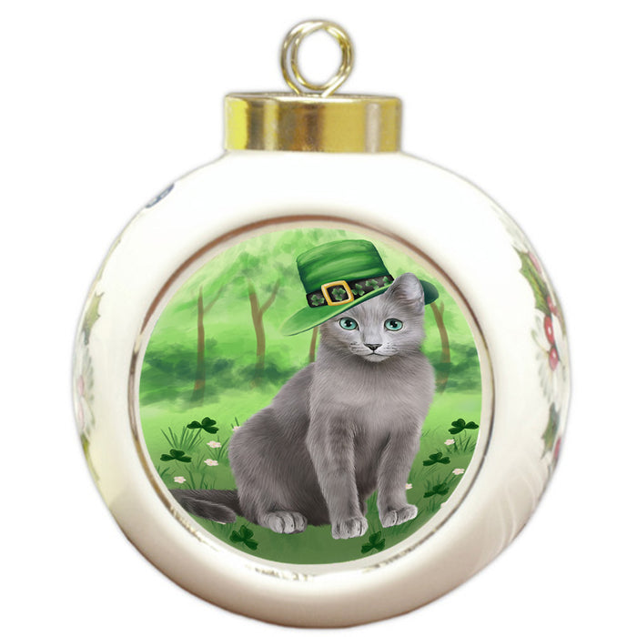 St. Patricks Day Irish Portrait Russian Blue Cat Round Ball Christmas Ornament RBPOR58161