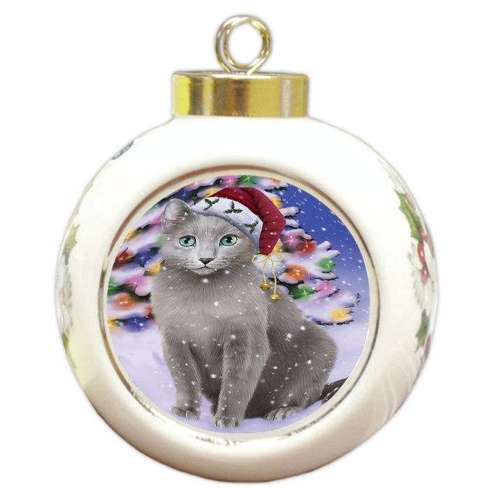 Winterland Wonderland Russian Blue Cat In Christmas Holiday Scenic Background Round Ball Christmas Ornament RBPOR53775