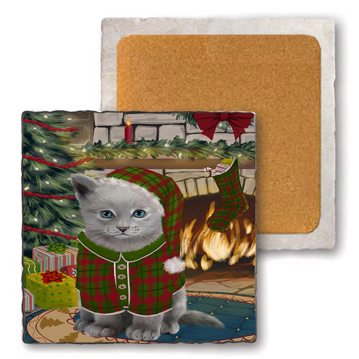 The Stocking was Hung Russian Blue Cat Set of 4 Natural Stone Marble Tile Coasters MCST50586