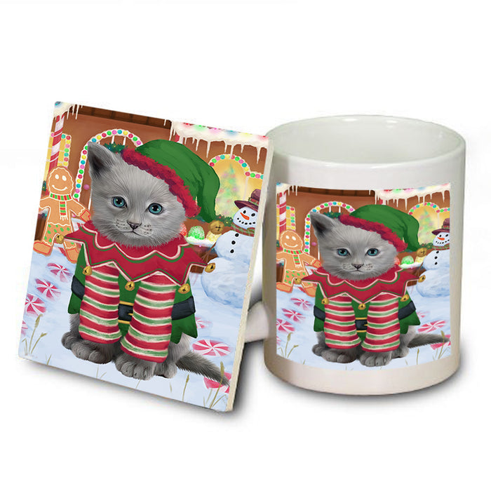 Christmas Gingerbread House Candyfest Russian Blue Cat Mug and Coaster Set MUC56512