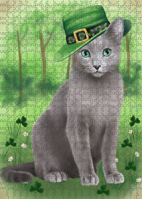 St. Patricks Day Irish Portrait Russian Blue Cat Portrait Jigsaw Puzzle for Adults Animal Interlocking Puzzle Game Unique Gift for Dog Lover's with Metal Tin Box PZL077
