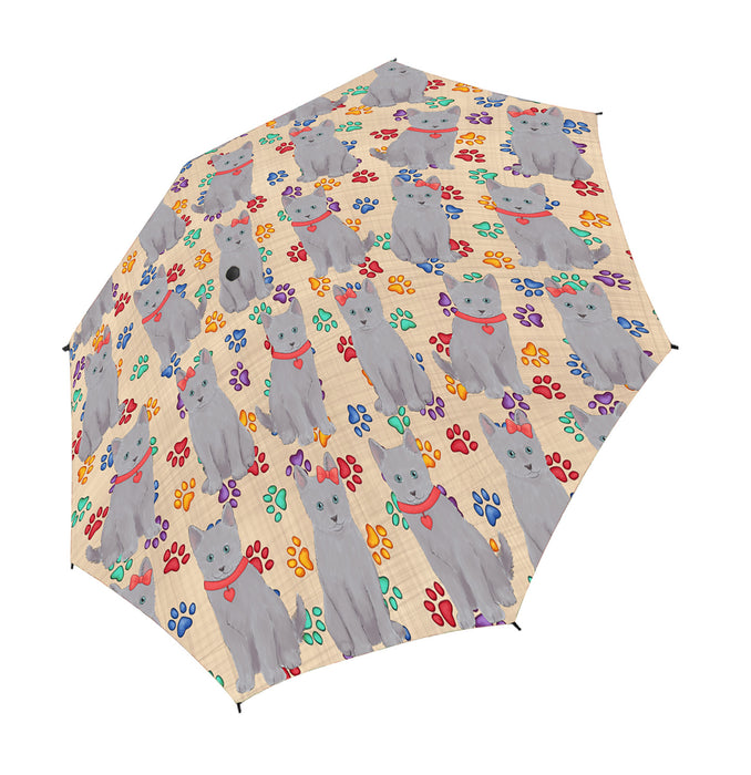 Rainbow Paw Print Russian Cats Blue Semi-Automatic Foldable Umbrella
