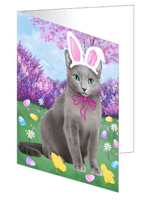 Easter Holiday Russian Blue Cat Handmade Artwork Assorted Pets Greeting Cards and Note Cards with Envelopes for All Occasions and Holiday Seasons GCD76304