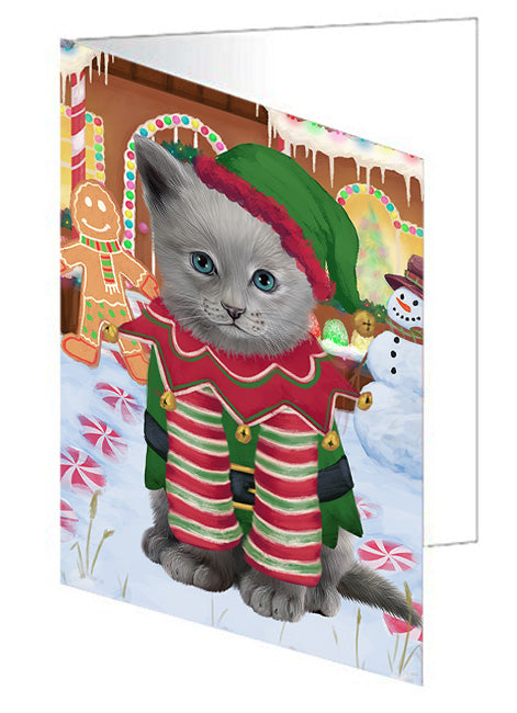 Christmas Gingerbread House Candyfest Russian Blue Cat Handmade Artwork Assorted Pets Greeting Cards and Note Cards with Envelopes for All Occasions and Holiday Seasons GCD74075