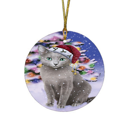 Winterland Wonderland Russian Blue Cat In Christmas Holiday Scenic Background Round Flat Christmas Ornament RFPOR53766