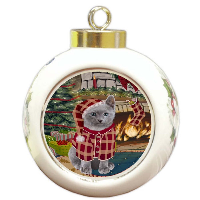The Stocking was Hung Russian Blue Cat Round Ball Christmas Ornament RBPOR55943