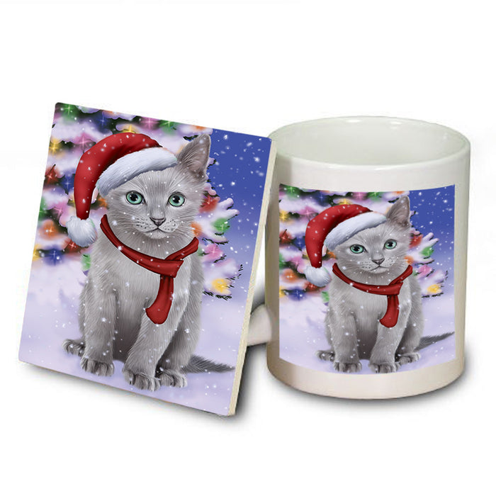 Winterland Wonderland Russian Blue Cat In Christmas Holiday Scenic Background Mug and Coaster Set MUC53768
