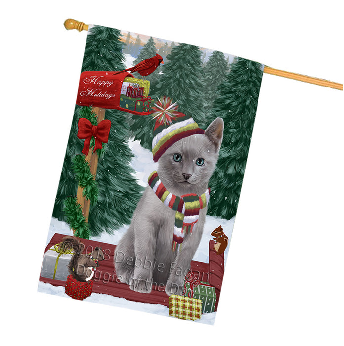 Merry Christmas Woodland Sled Russian Blue Cat House Flag FLG55444