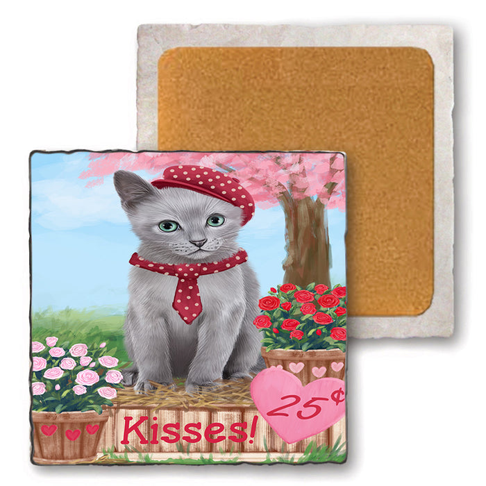 Rosie 25 Cent Kisses Russian Blue Cat Set of 4 Natural Stone Marble Tile Coasters MCST51012