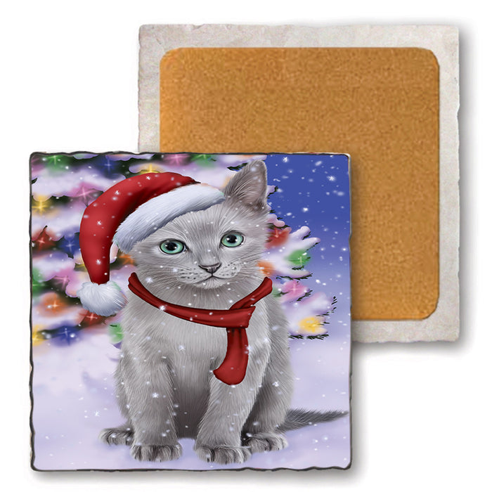 Winterland Wonderland Russian Blue Cat In Christmas Holiday Scenic Background Set of 4 Natural Stone Marble Tile Coasters MCST48776