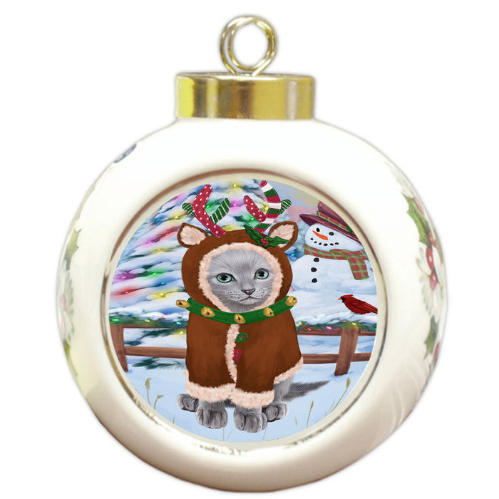 Christmas Gingerbread House Candyfest Russian Blue Cat Round Ball Christmas Ornament RBPOR56877