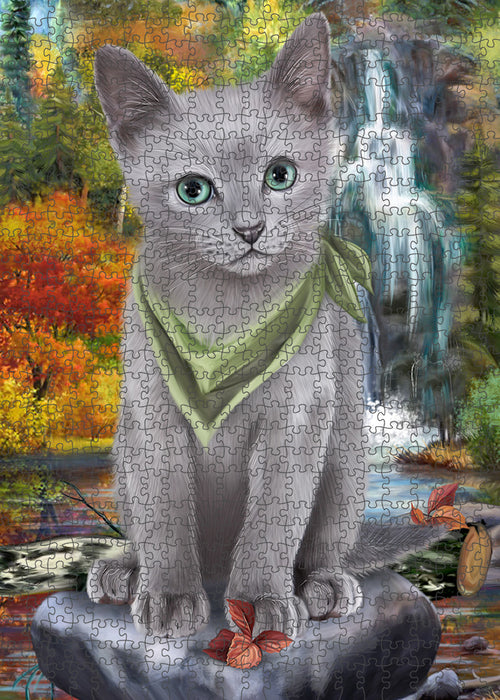 Scenic Waterfall Russian Blue Cat Puzzle with Photo Tin PUZL59922