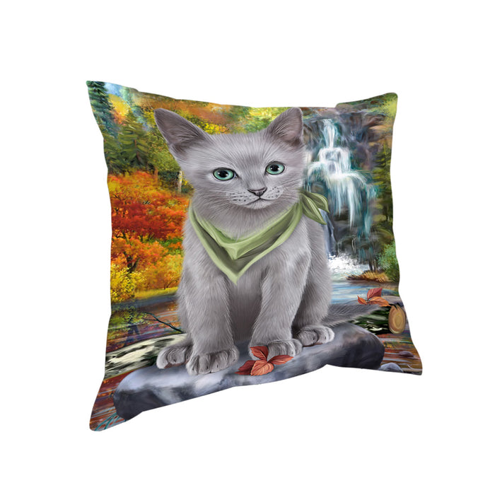 Scenic Waterfall Russian Blue Cat Pillow PIL64144