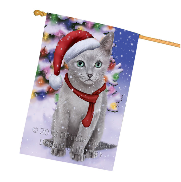 Winterland Wonderland Russian Blue Cat In Christmas Holiday Scenic Background House Flag FLG53974