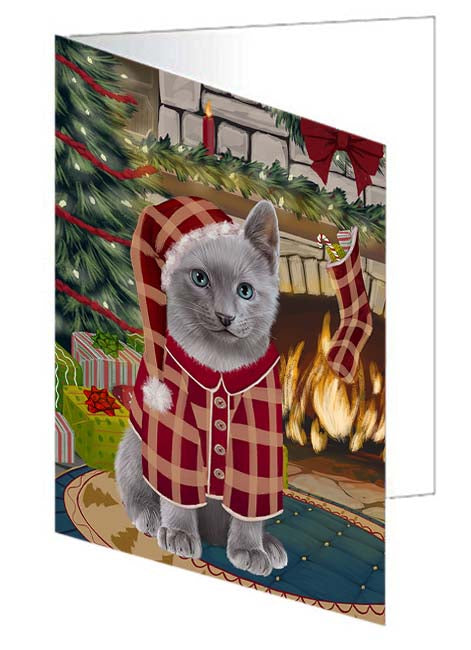 The Stocking was Hung Russian Blue Cat Handmade Artwork Assorted Pets Greeting Cards and Note Cards with Envelopes for All Occasions and Holiday Seasons GCD71276