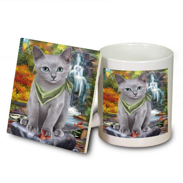 Scenic Waterfall Russian Blue Cat Mug and Coaster Set MUC51937