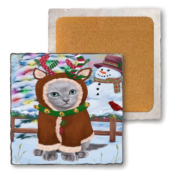 Christmas Gingerbread House Candyfest Russian Blue Cat Set of 4 Natural Stone Marble Tile Coasters MCST51521