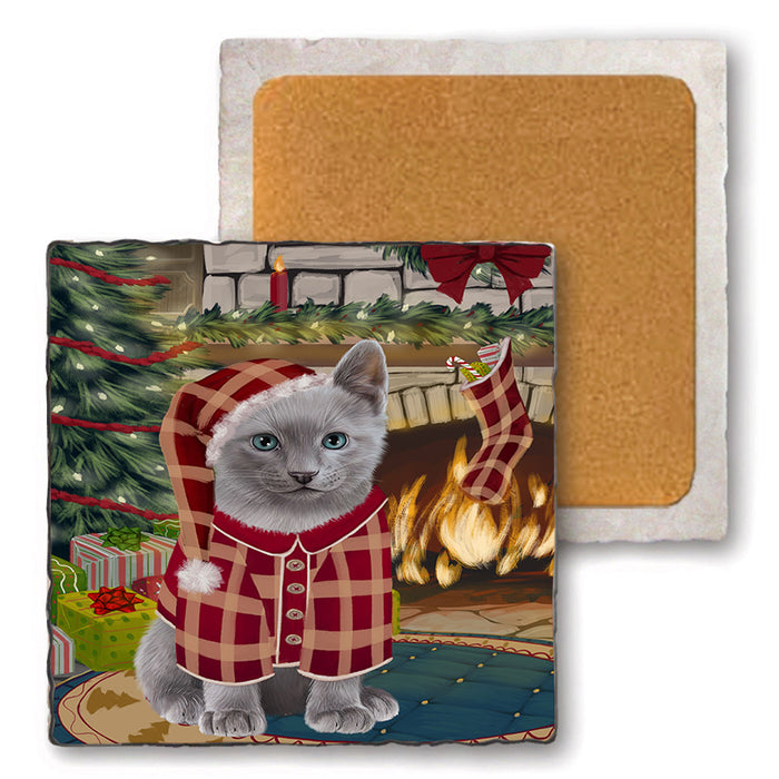 The Stocking was Hung Russian Blue Cat Set of 4 Natural Stone Marble Tile Coasters MCST50587