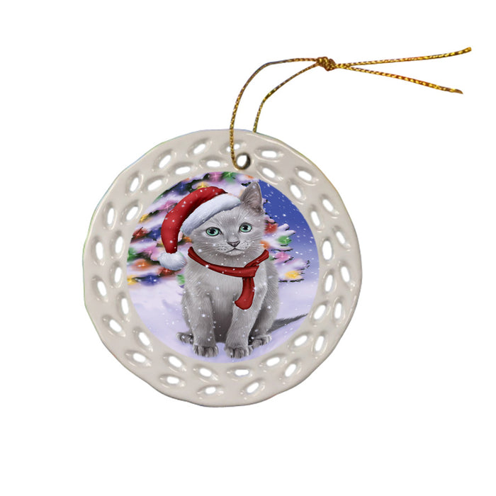 Winterland Wonderland Russian Blue Cat In Christmas Holiday Scenic Background Ceramic Doily Ornament DPOR53776