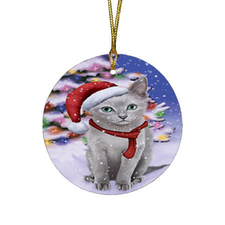Winterland Wonderland Russian Blue Cat In Christmas Holiday Scenic Background Round Flat Christmas Ornament RFPOR53767