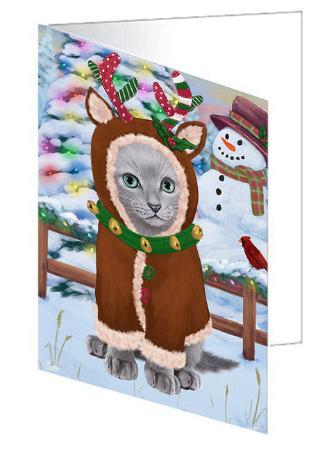 Christmas Gingerbread House Candyfest Russian Blue Cat Handmade Artwork Assorted Pets Greeting Cards and Note Cards with Envelopes for All Occasions and Holiday Seasons GCD74078