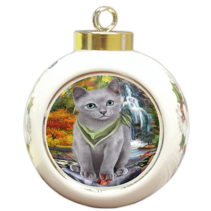 Scenic Waterfall Russian Blue Cat Round Ball Christmas Ornament RBPOR51945
