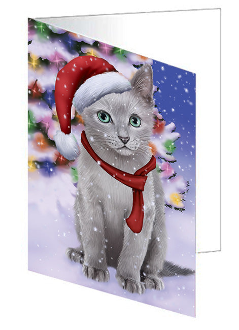 Winterland Wonderland Russian Blue Cat In Christmas Holiday Scenic Background Handmade Artwork Assorted Pets Greeting Cards and Note Cards with Envelopes for All Occasions and Holiday Seasons GCD65357