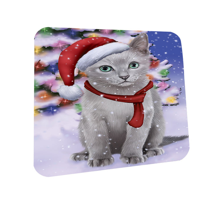 Winterland Wonderland Russian Blue Cat In Christmas Holiday Scenic Background Coasters Set of 4 CST53734
