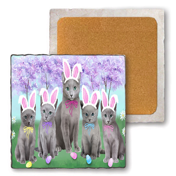 Easter Holiday Russian Blue Cats Set of 4 Natural Stone Marble Tile Coasters MCST51931