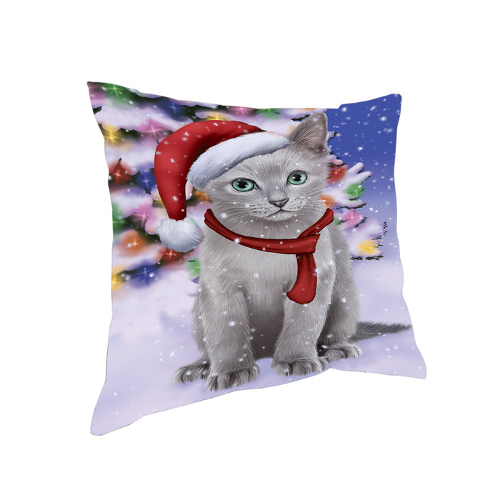 Winterland Wonderland Russian Blue Cat In Christmas Holiday Scenic Background Pillow PIL71728