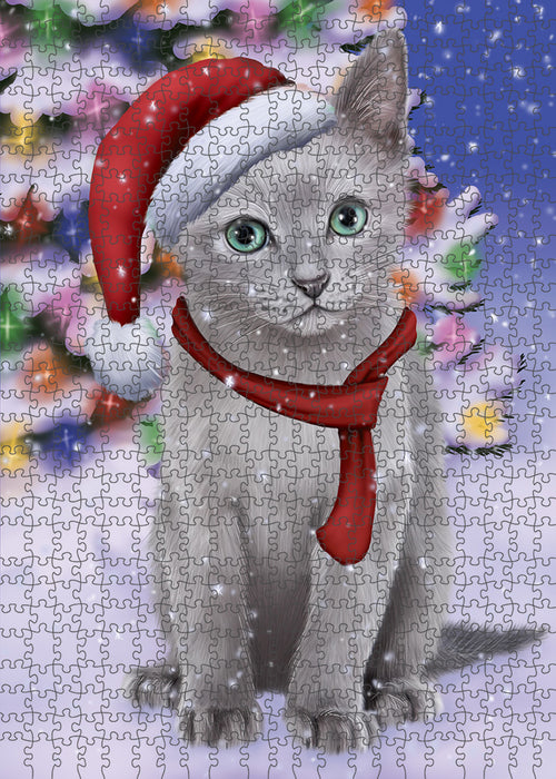 Winterland Wonderland Russian Blue Cat In Christmas Holiday Scenic Background Puzzle with Photo Tin PUZL82260