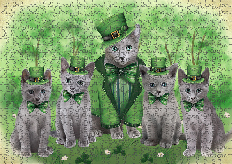 St. Patricks Day Irish Portrait Russian Blue Cats Portrait Jigsaw Puzzle for Adults Animal Interlocking Puzzle Game Unique Gift for Dog Lover's with Metal Tin Box PZL078