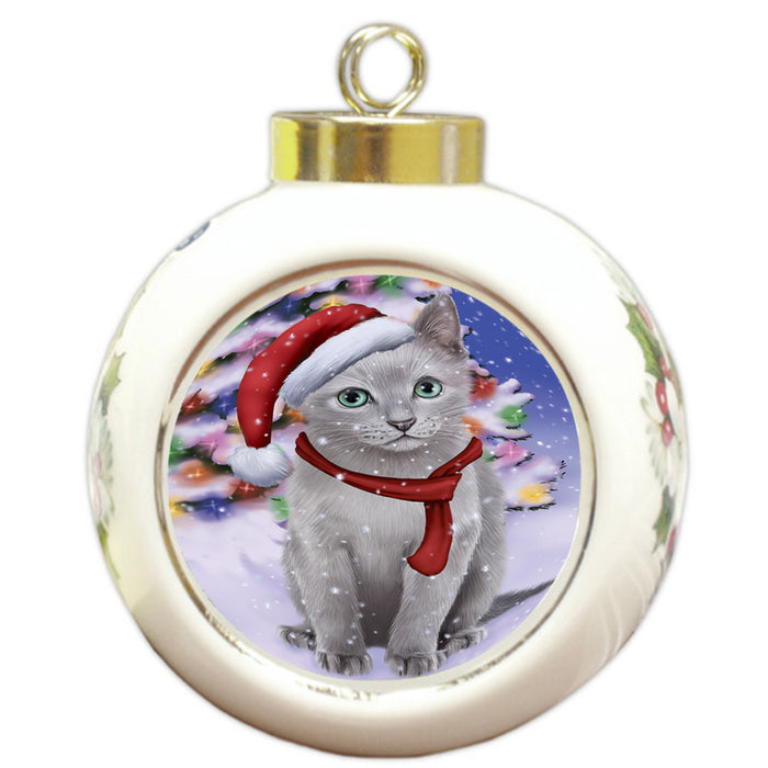 Winterland Wonderland Russian Blue Cat In Christmas Holiday Scenic Background Round Ball Christmas Ornament RBPOR53776