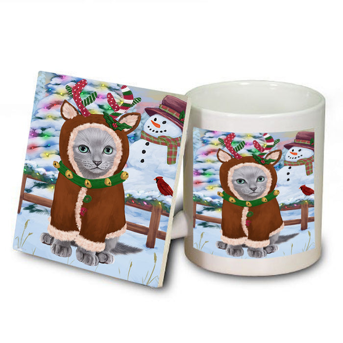Christmas Gingerbread House Candyfest Russian Blue Cat Mug and Coaster Set MUC56513