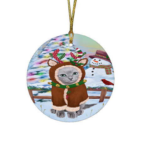 Christmas Gingerbread House Candyfest Russian Blue Cat Round Flat Christmas Ornament RFPOR56877